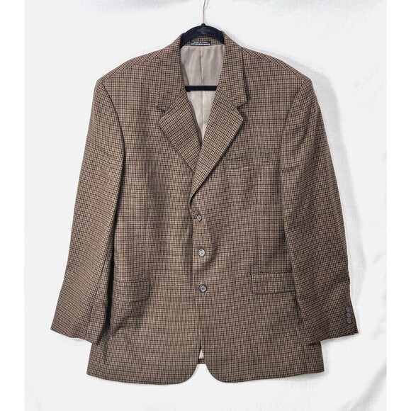 40 Savile Row Blazer Men 48 Long Brown Houndstooth 100% Wool 3 Button No Vent - Picture 1 of 12